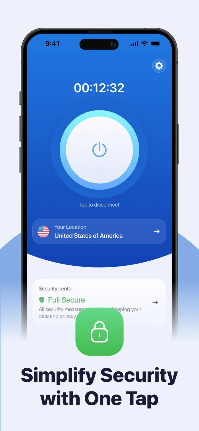 SecureGuard connected screen showing session timer and current location