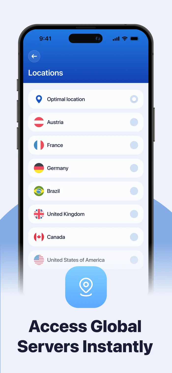 SecureGuard locations list with country flags